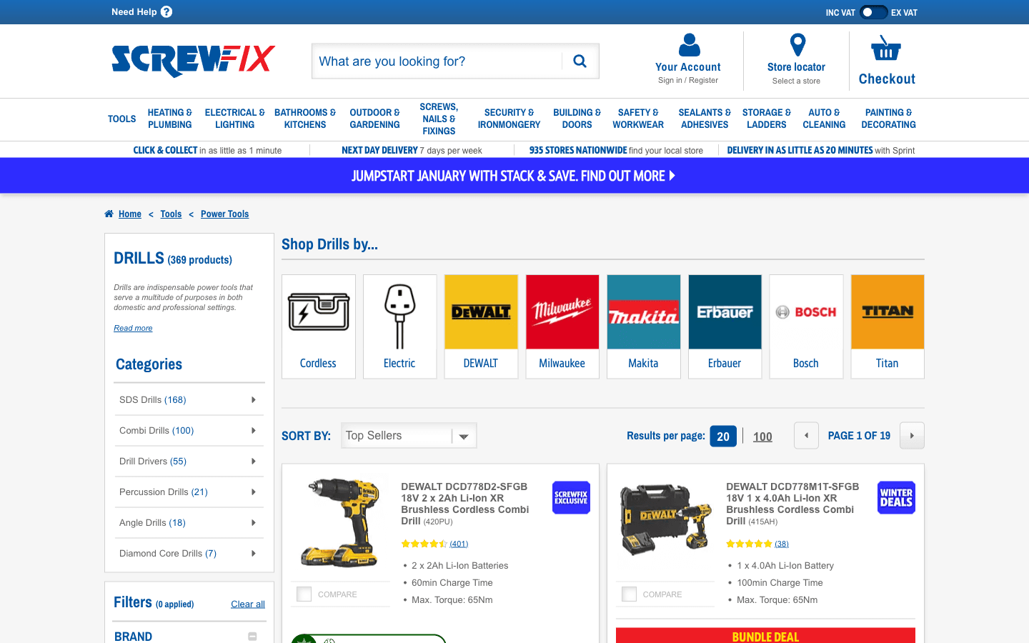 Page catégorie Screwfix avec grille produits et filtres pour perceuses