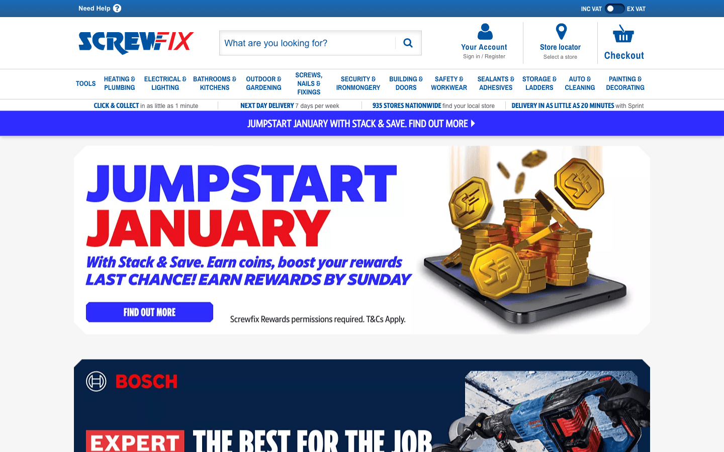 Page d’accueil Screwfix montrant les catégories outillage et amélioration de l’habitat au Royaume-Uni