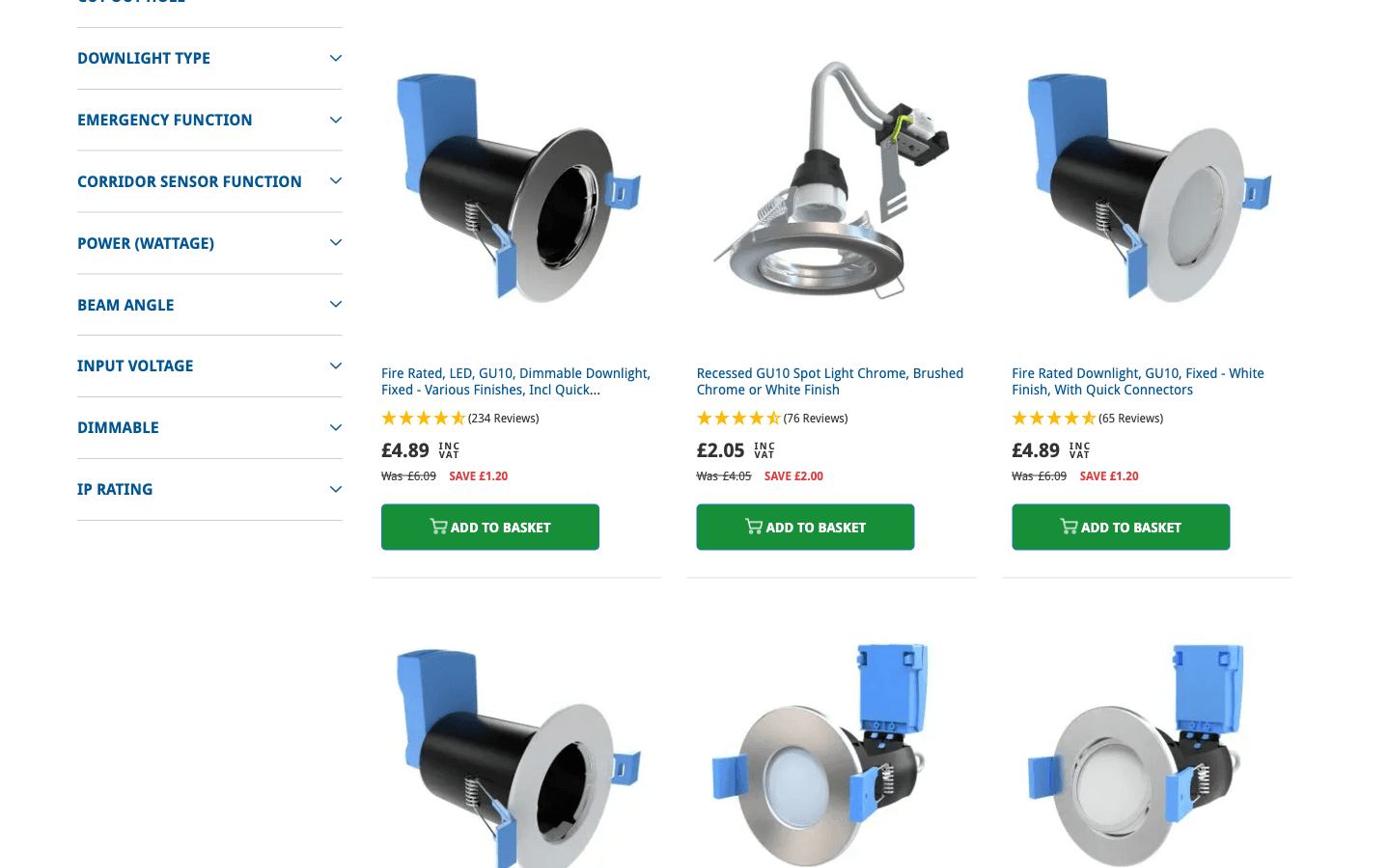 Categoría de downlights LED en Simple Lighting con filtros y grid de productos