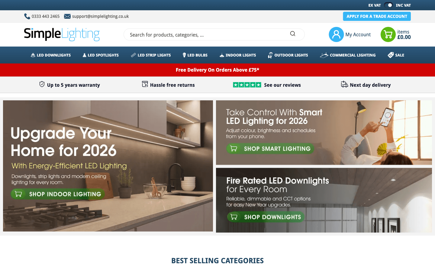 Homepage de Simple Lighting con categorías de downlights, spotlights y tiras LED