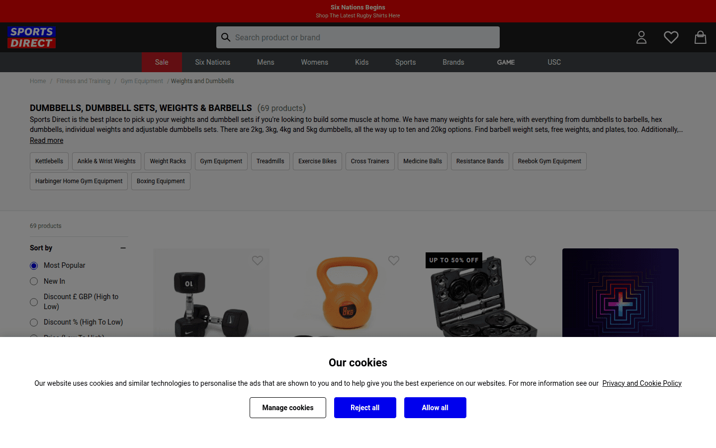 SportsDirect category page with a product grid and filters for gym weights and dumbbells