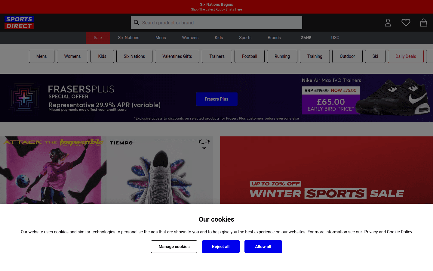 SportsDirect homepage showing navigation for Mens, Ladies, Kids and sport categories