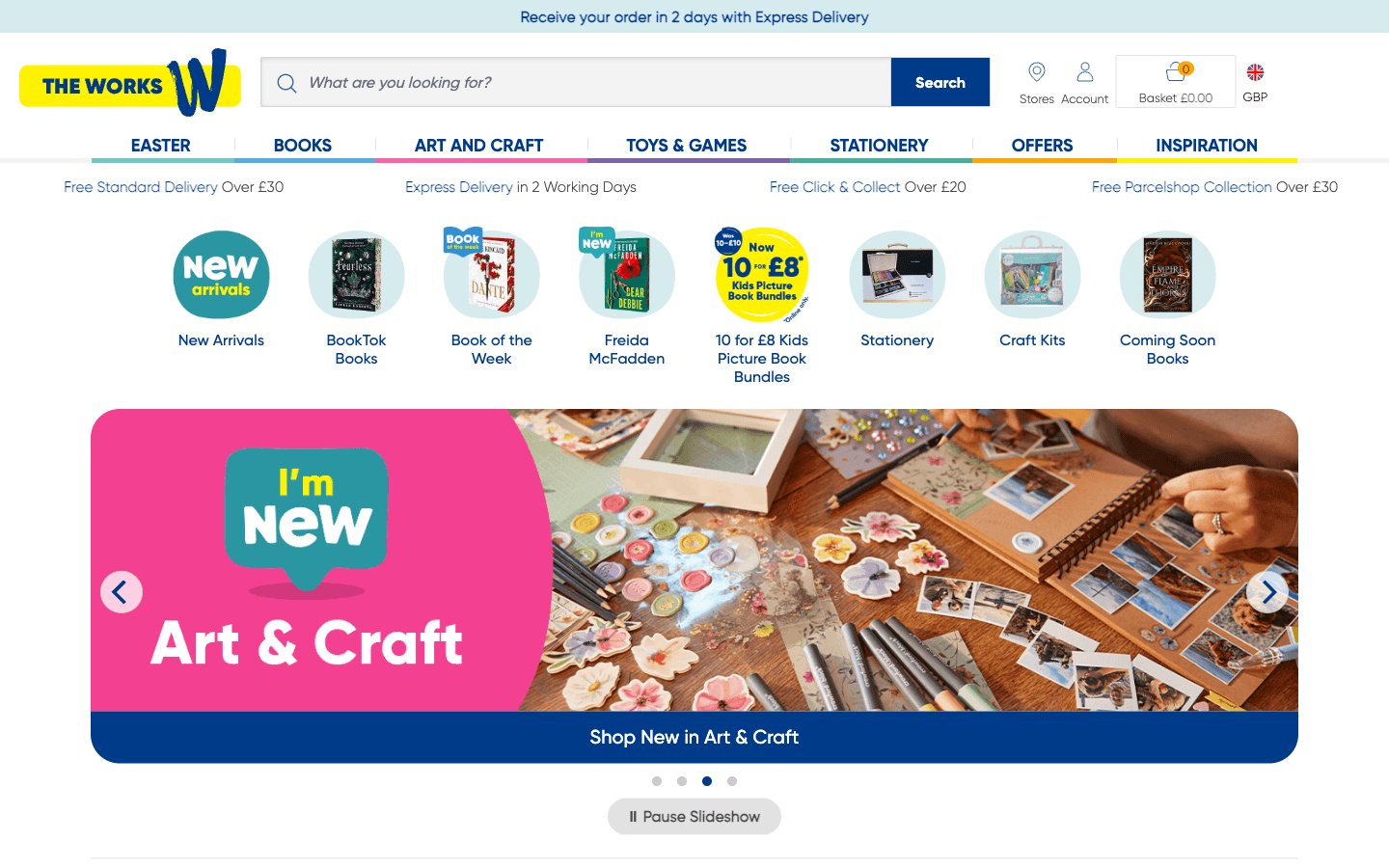 Homepage de The Works con categorías como Books, Art & Craft, Toys & Games, Stationery y Offers