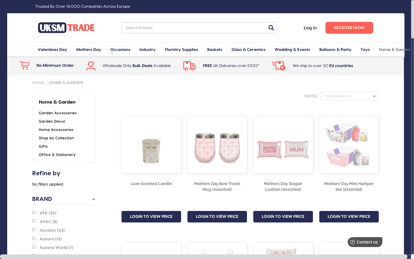 UKSM Trade category page with a product grid and filters