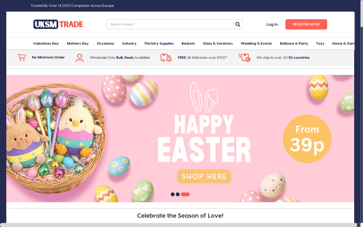 UKSM Trade homepage showing wholesale categories and seasonal banners