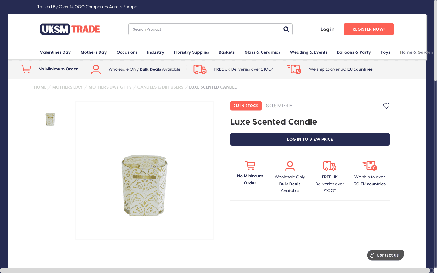UKSM Trade product page showing images, SKU and stock information