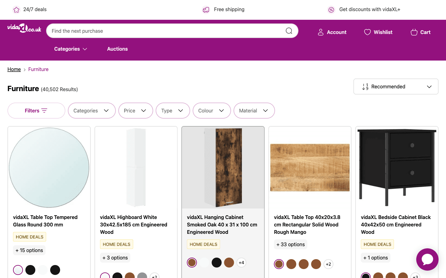 Página de categoría de vidaXL con grid de productos y filtros