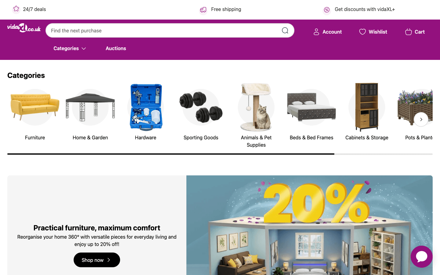 Homepage de vidaXL UK con categorías y ofertas