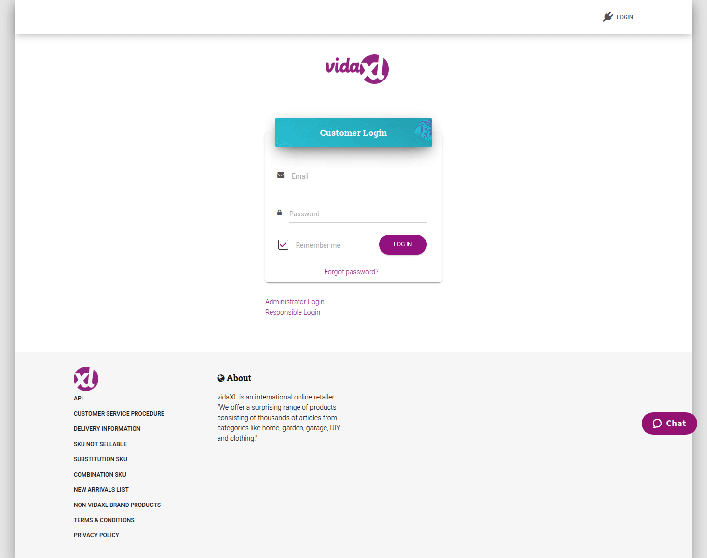 vidaXL B2B (b2b.vidaxl.com) reseller giriş sayfası