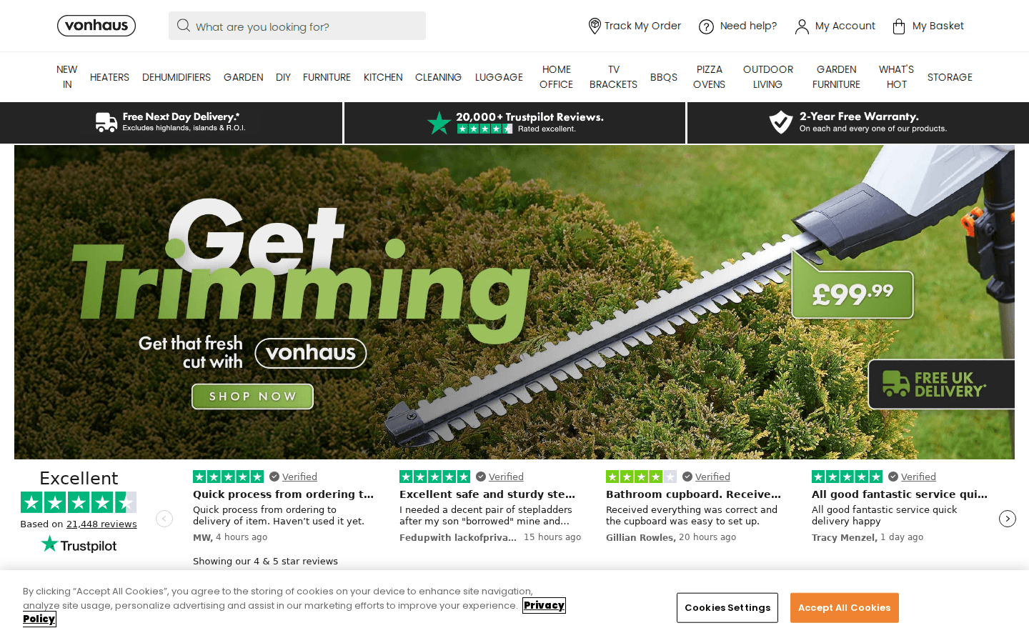 Homepage VonShef (reindirizza a VonHaus) con navigazione e offerte
