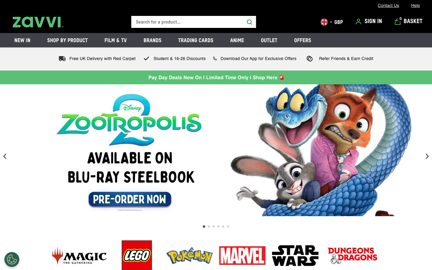 Zavvi homepage showing pop culture navigation and featured promotions