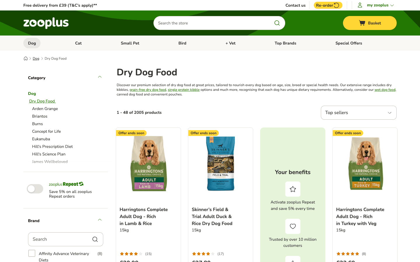 zooplus category page with dry dog food grid and filters
