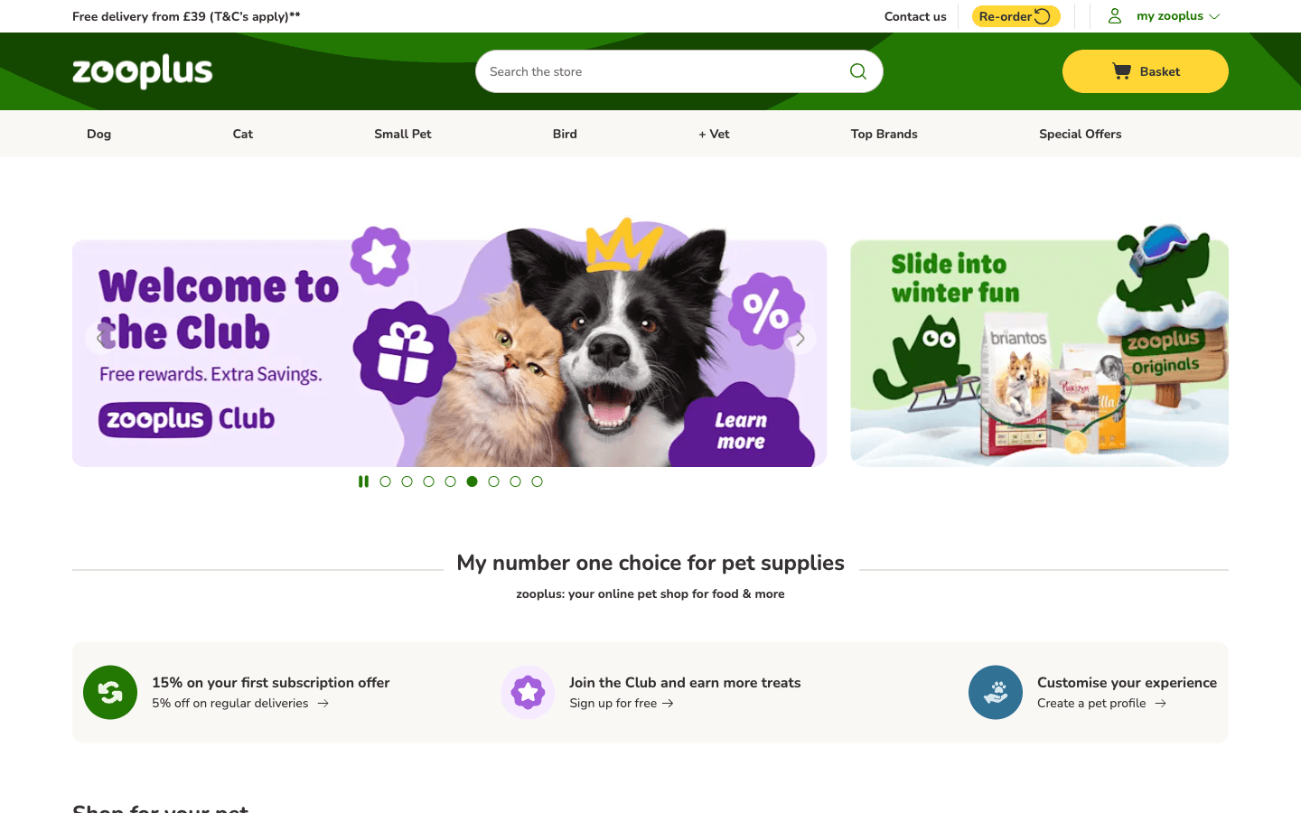 zooplus homepage showing Dog, Cat, and Small Pet navigation