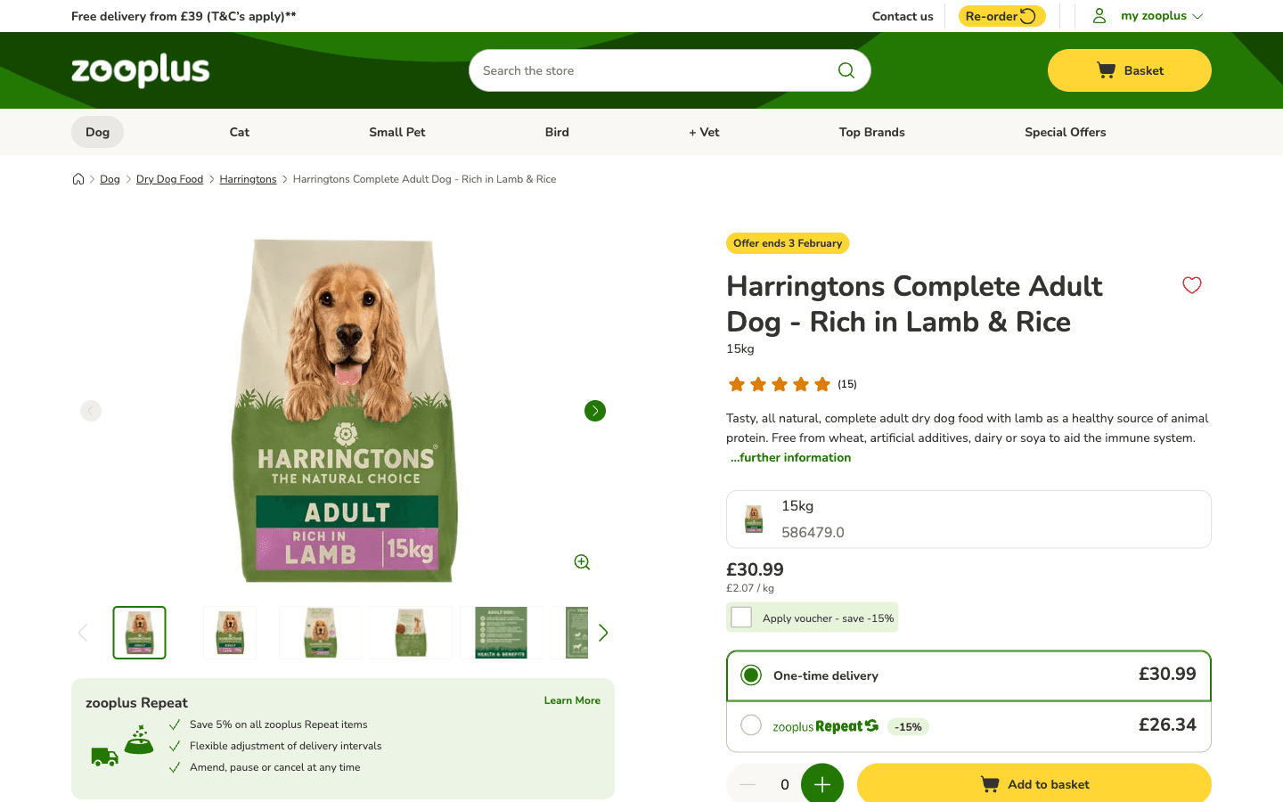 zooplus product page showing pet food image, price, and product code