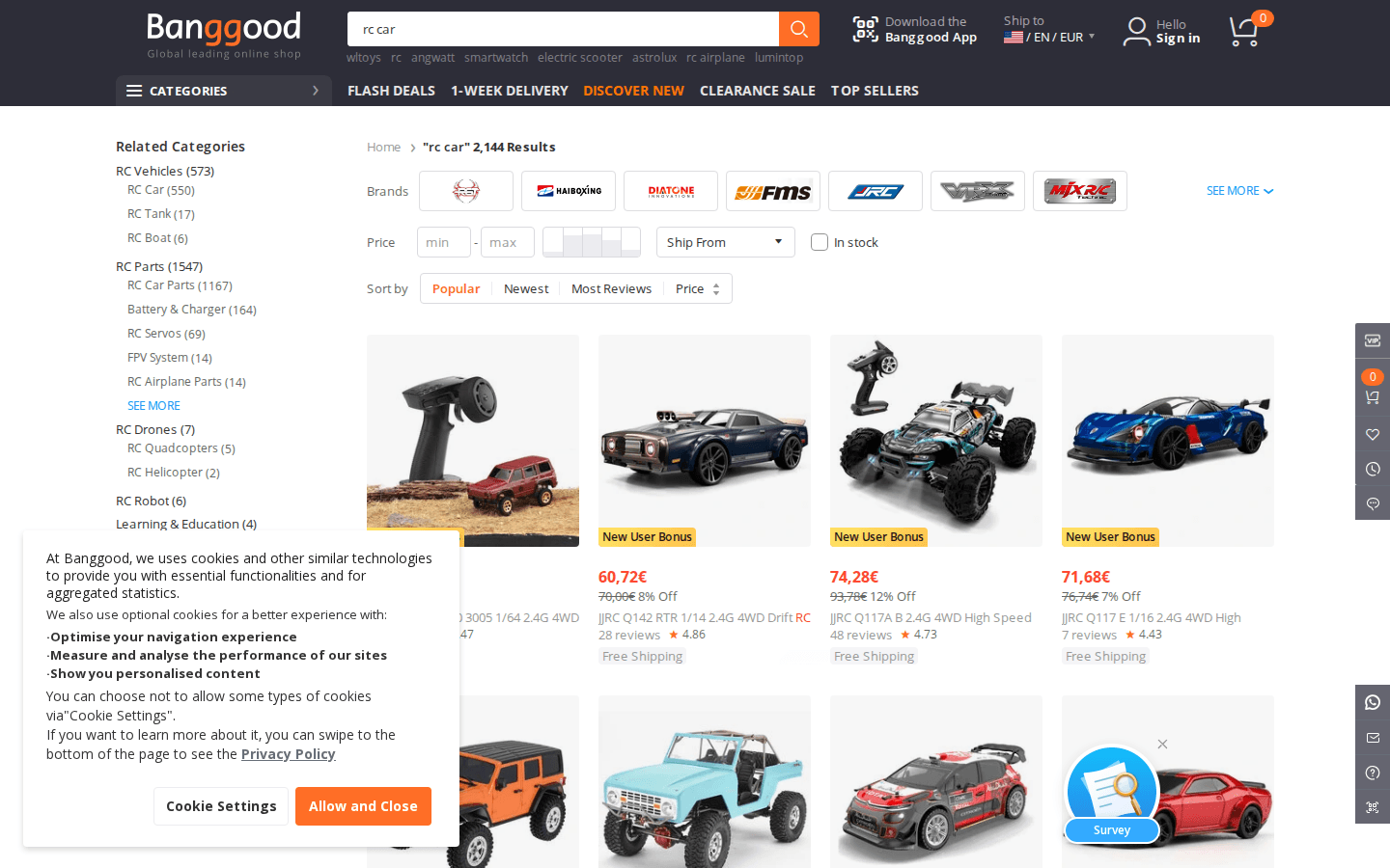 Banggood USA arama sonuçları: ürün grid’i ve filtreler
