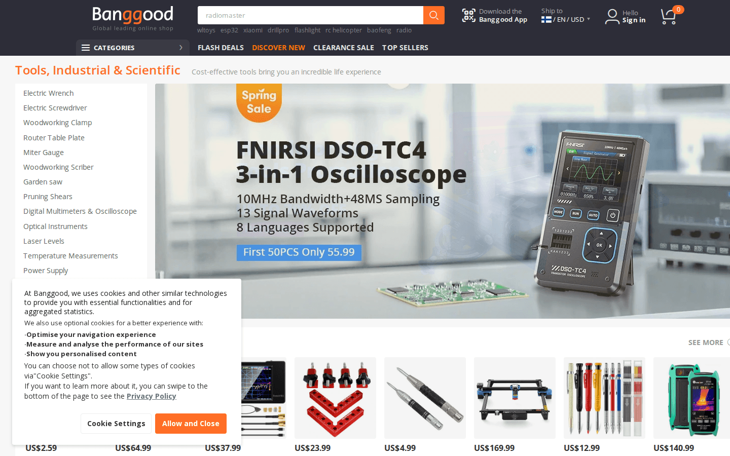 Banggood.com Kategorie-Seite mit Produktgrid und Filtern