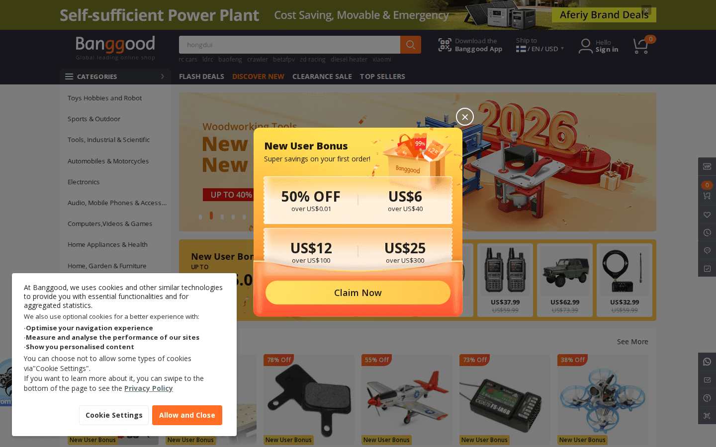 Banggood.com Startseite mit Navigation und Kategorien