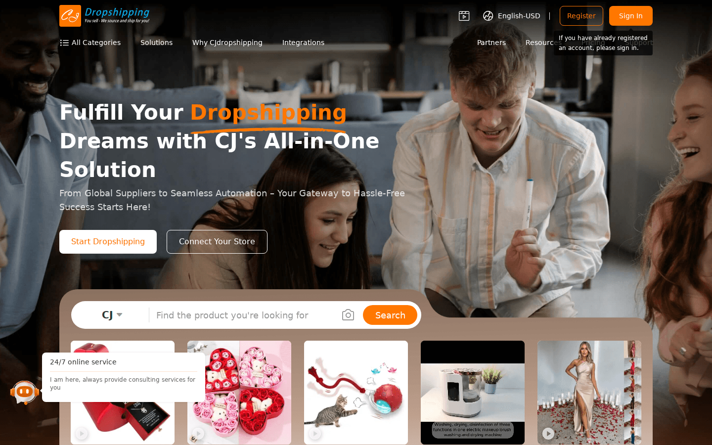 CJ Dropshipping ana sayfa: arama ve navigasyon