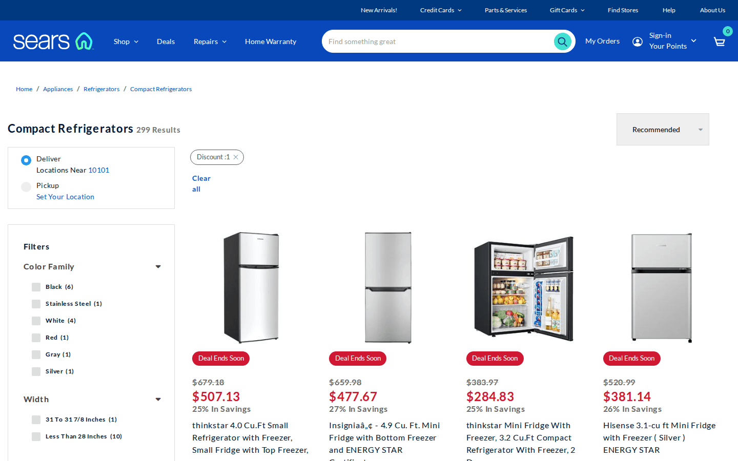 Pagina categoria Sears con filtri e griglia prodotti