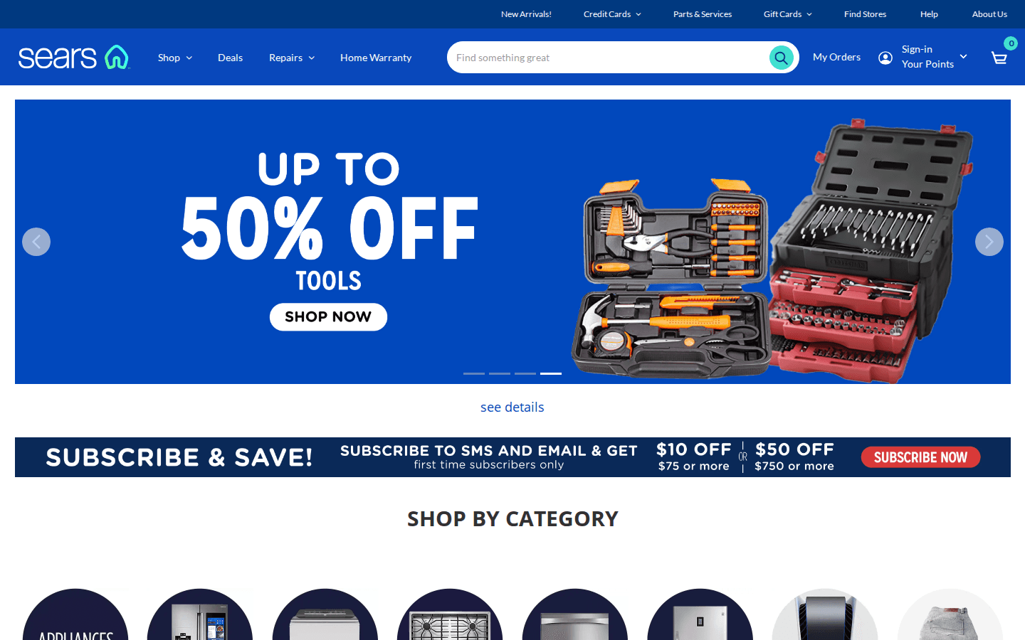 Homepage Sears con navigazione, ricerca e offerte