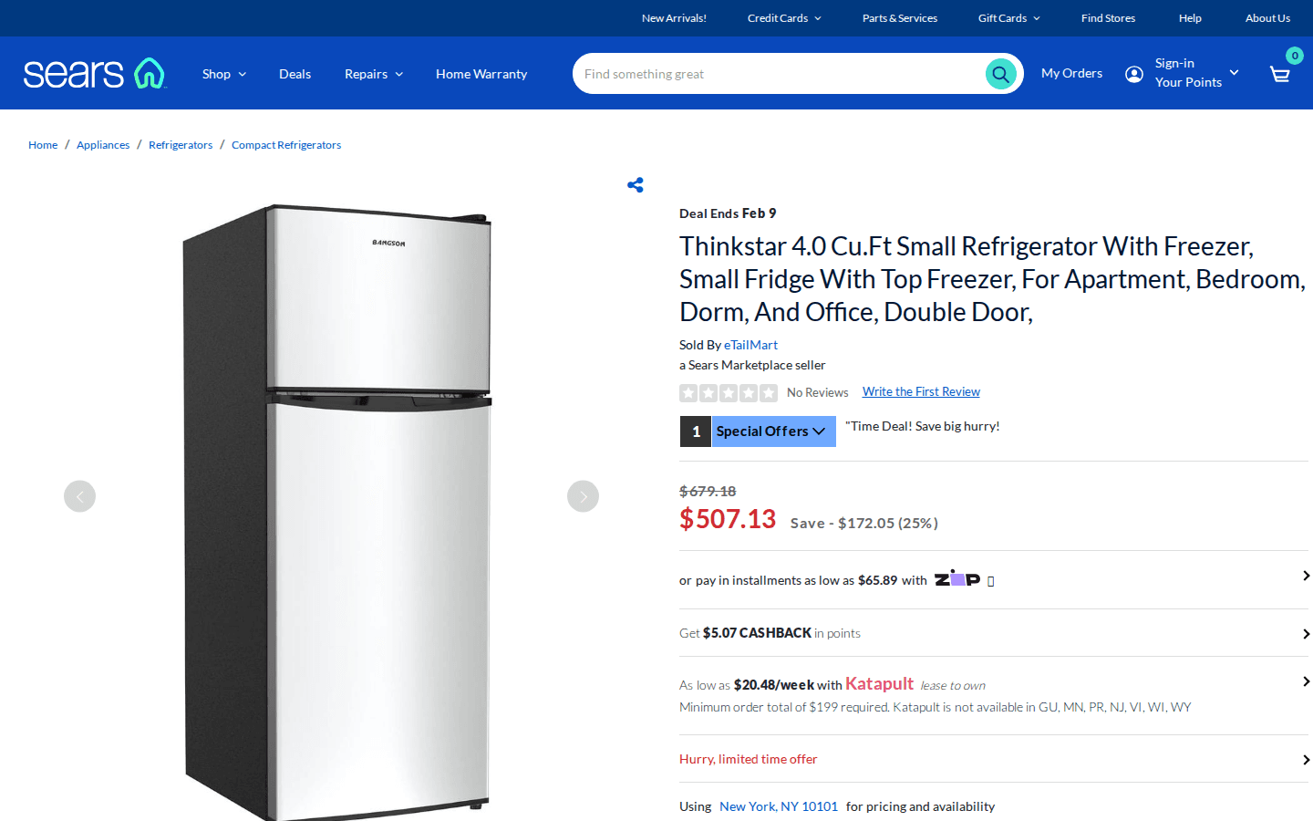 Pagina prodotto Sears con prezzo, immagini e info venditore