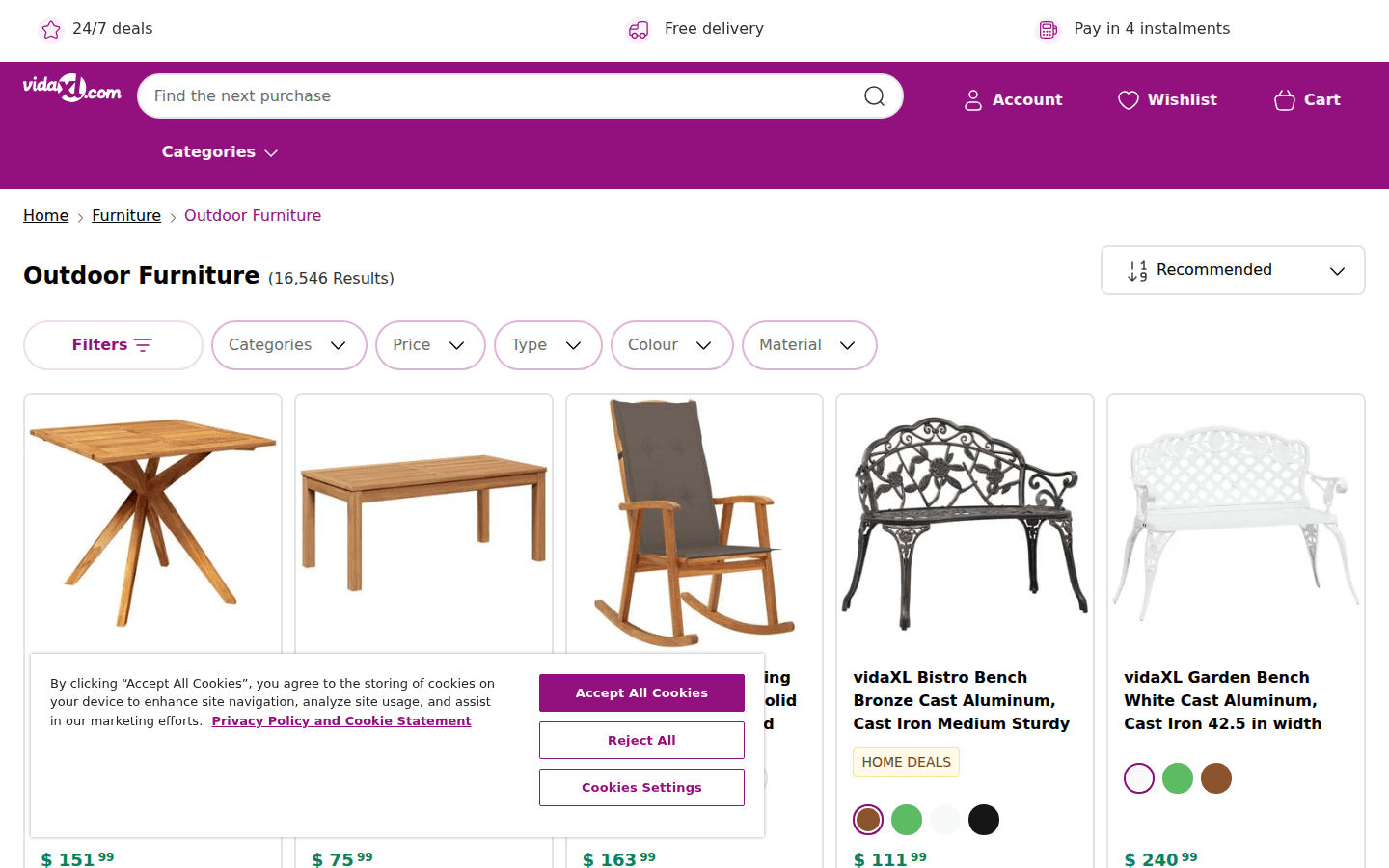 Pagina categoria vidaXL USA con griglia prodotti e filtri