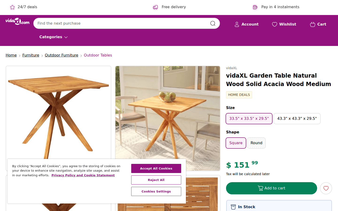 Pagina prodotto vidaXL USA con immagini, prezzo e specifiche