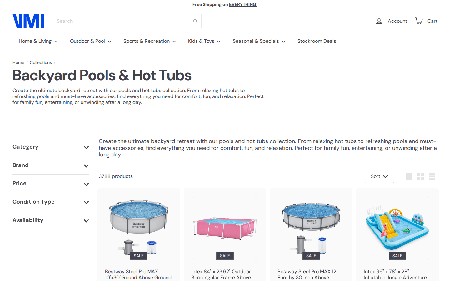VM Innovations collection page with a grid of pool and spa products