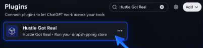 ChatGPT Plugins search for Hustle Got Real, with a blue arrow pointing to the Hustle Got Real plugin