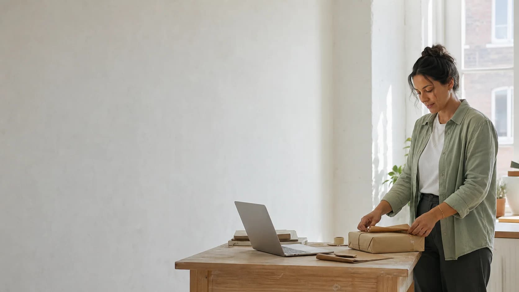 Independent online seller preparing an order in her workspace