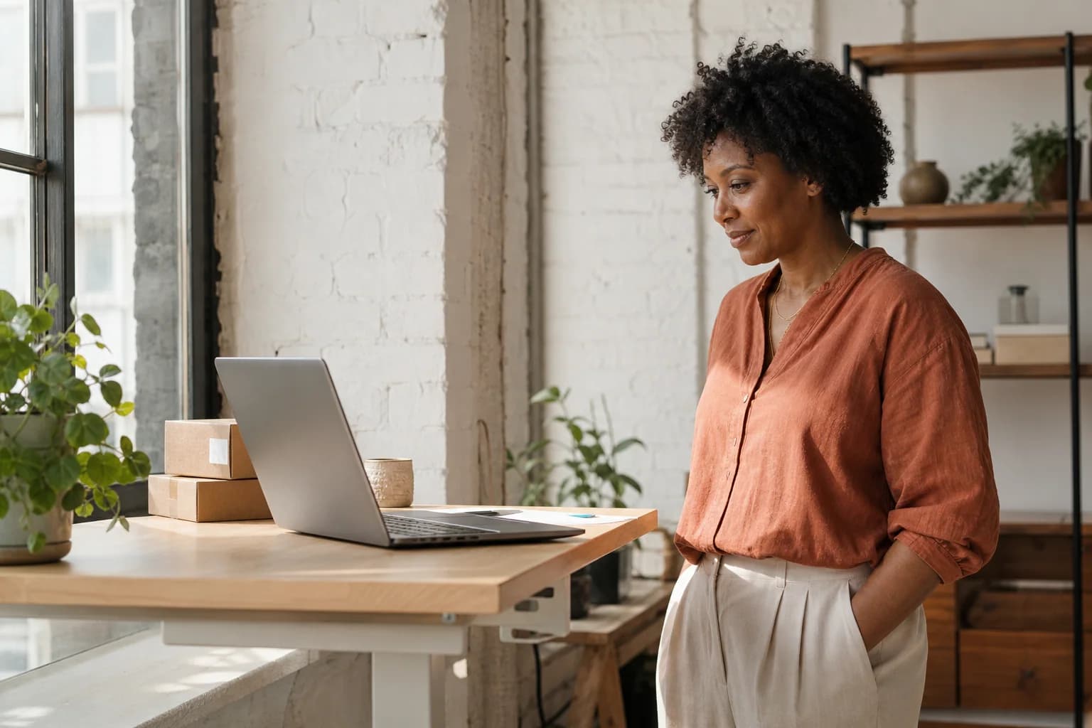 Online seller calmly reviewing her store from a light-filled workspace