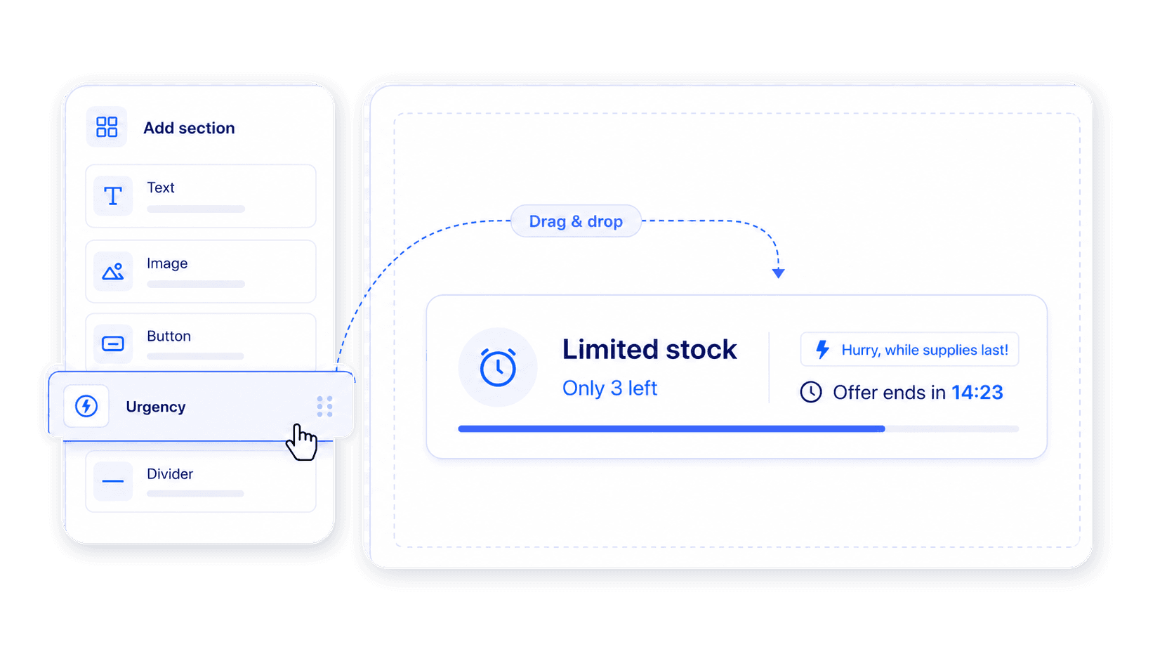 Shopify urgency widget builder with drag and drop limited stock message