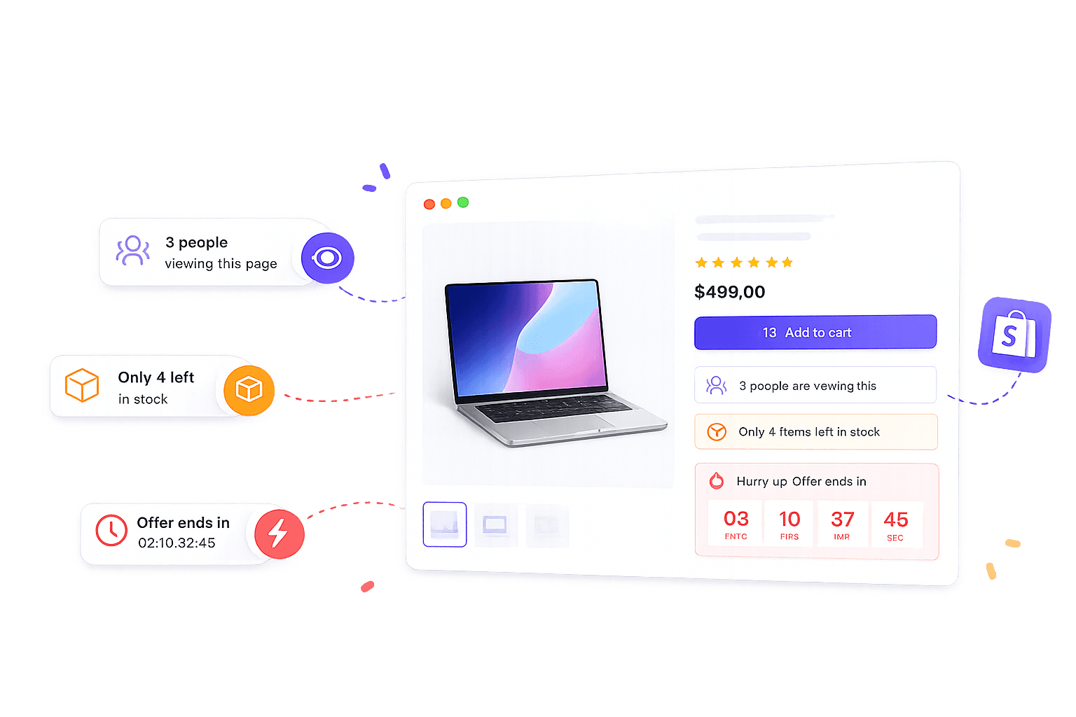Shopify product page with urgency widgets for viewers, low stock and offer countdown