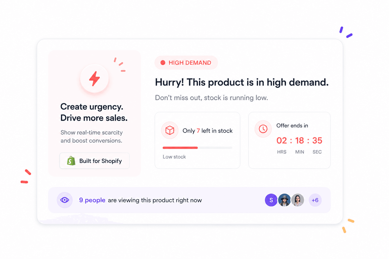 Shopify urgency message card with limited availability, low stock and product viewers