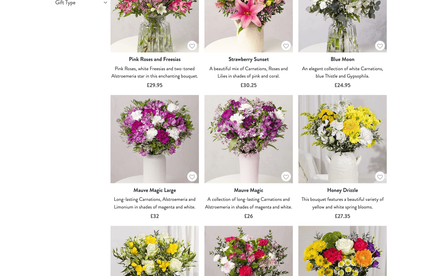 Página de categoría de Bunches con productos de regalo y filtros