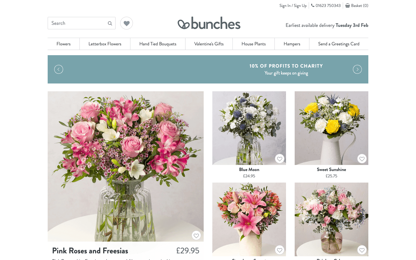 Homepage de Bunches con categorías de flores y regalos