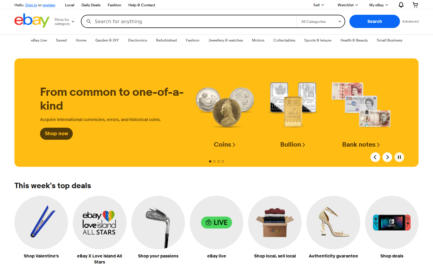 Homepage de eBay UK con buscador y navegación por categorías