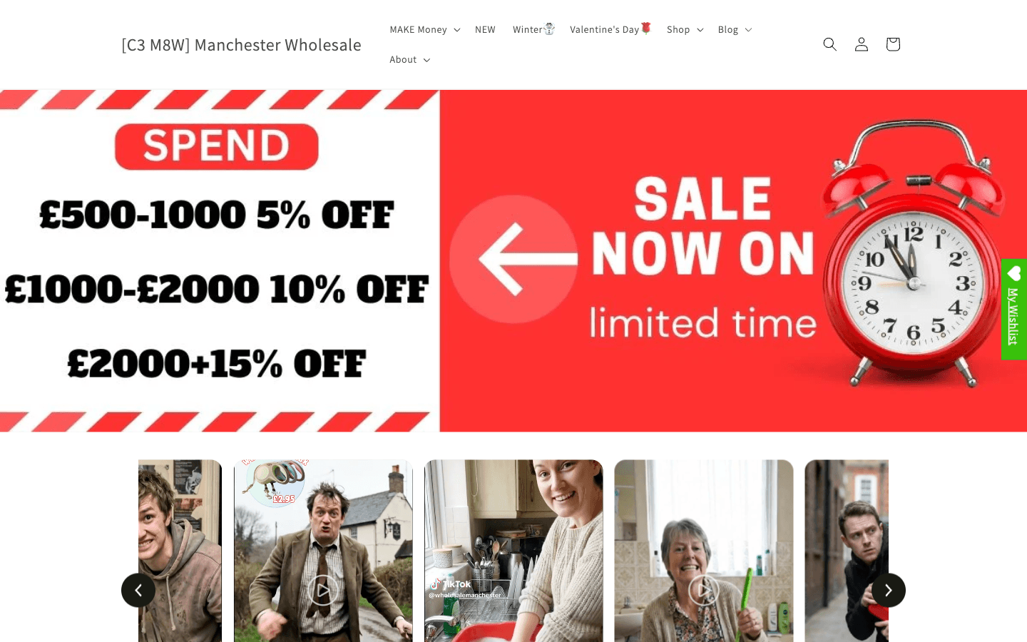 Homepage de Manchester Wholesale con navegación principal y banner promocional estacional