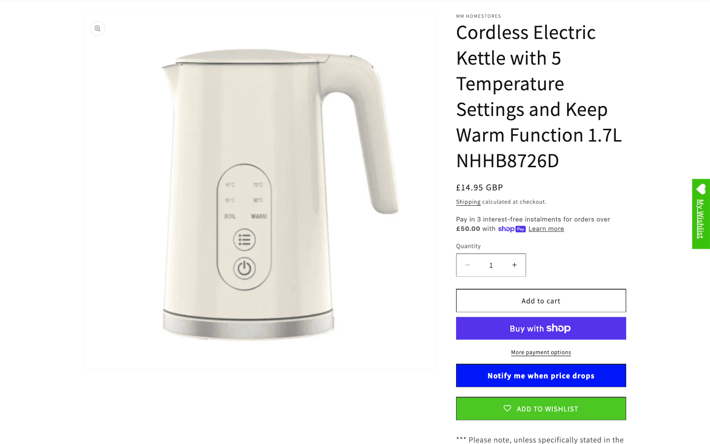 Página de producto de Manchester Wholesale con un hervidor inalámbrico, precio y opciones de compra