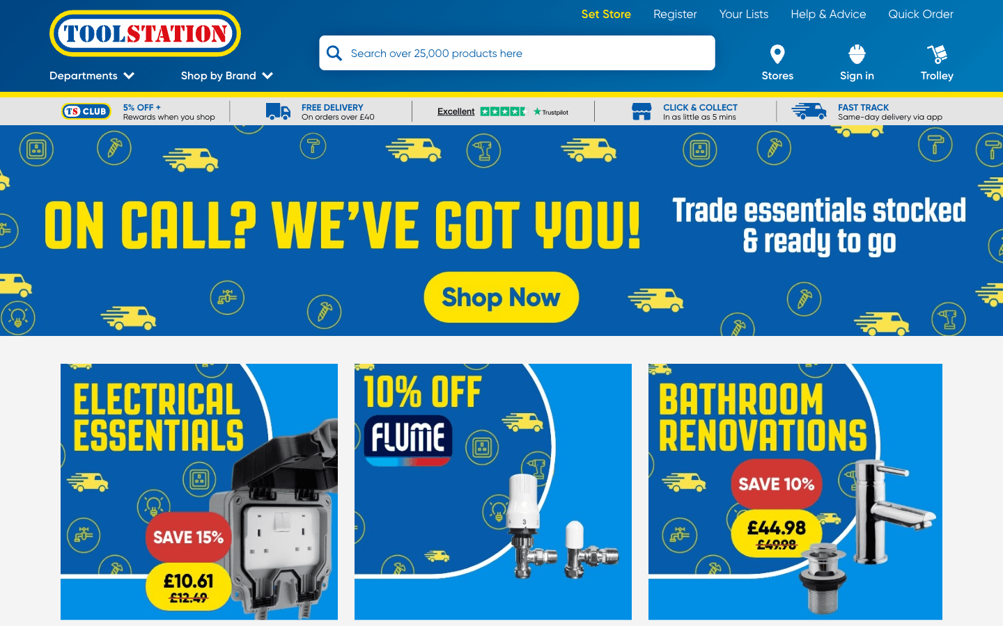 Toolstation ana sayfası: Departments navigasyonu ve trade promosyonları