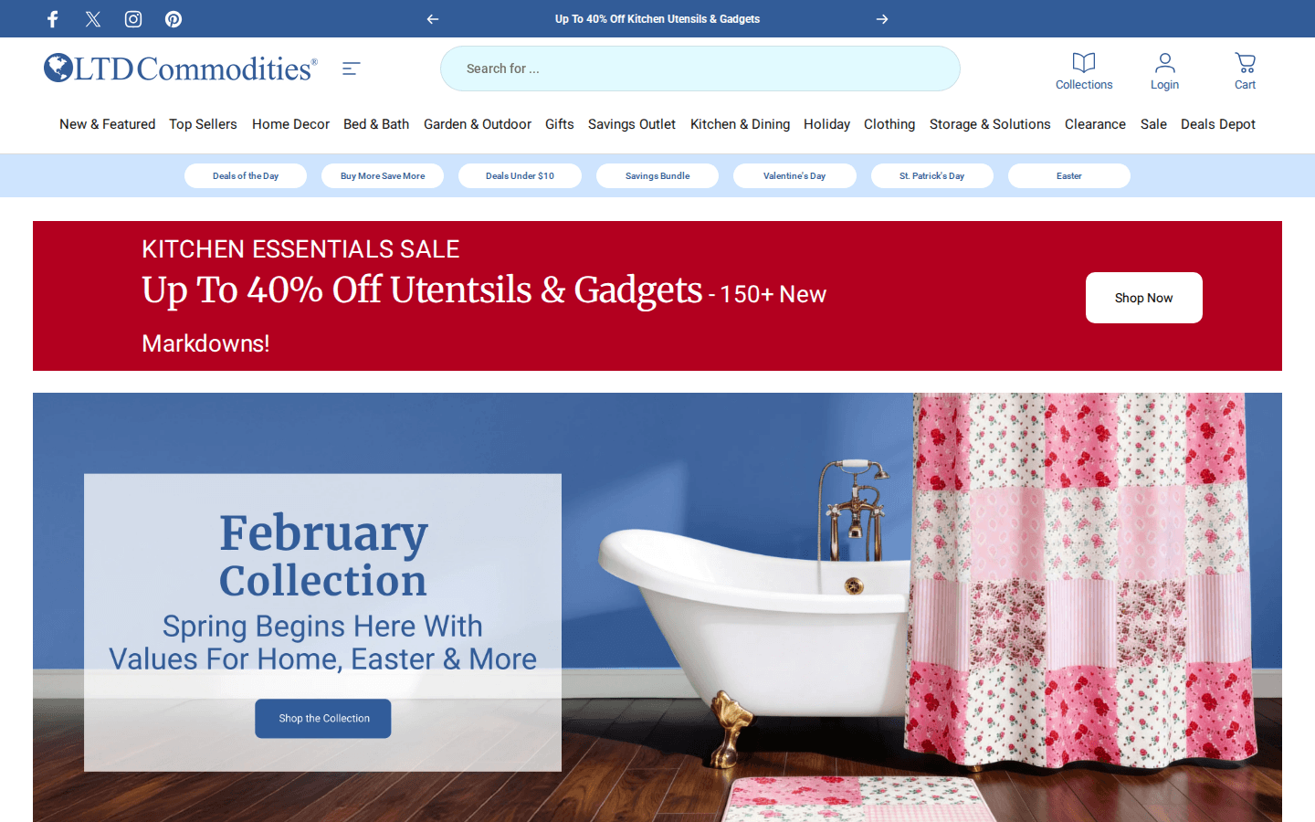 Homepage LTD Commodities con collections e navigazione per casa, cucina e offerte stagionali