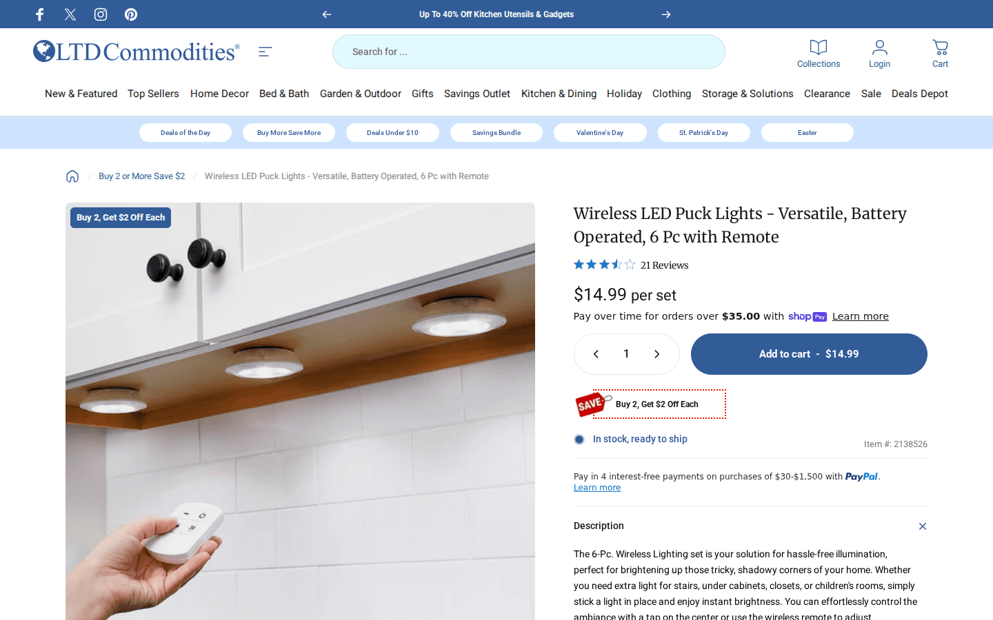 Pagina prodotto LTD Commodities con immagini, prezzo e dettagli per un set di puck lights