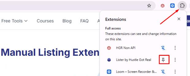 HGR Non API için pin simgesi vurgulanmış Chrome uzantılar paneli