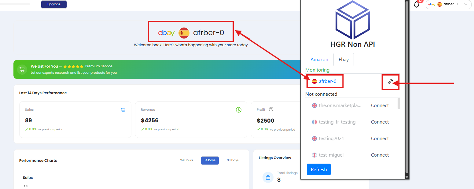 Seçili pazar yeri hesabını gösteren HGR paneli ve No API uzantısı