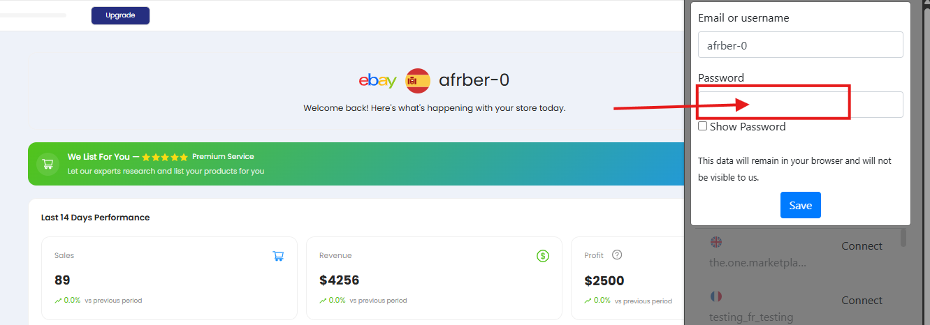 Şifre alanı ve Save düğmesi görünen No API uzantı formu