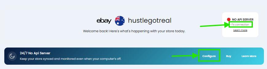 Dashboard banner'ında Fix connection ve Configure seçenekleri