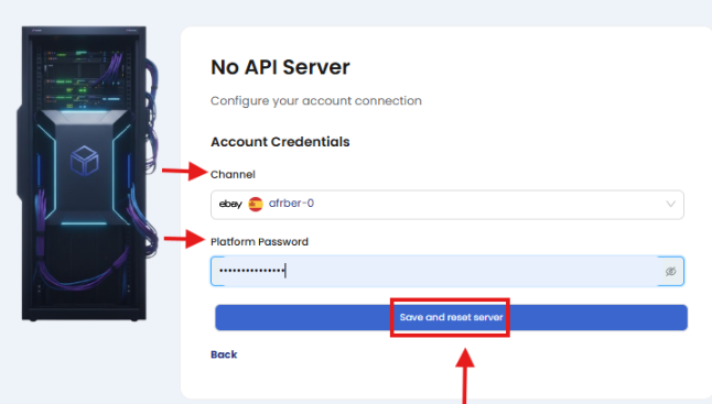 Save and reset server düğmeli No API Server formu