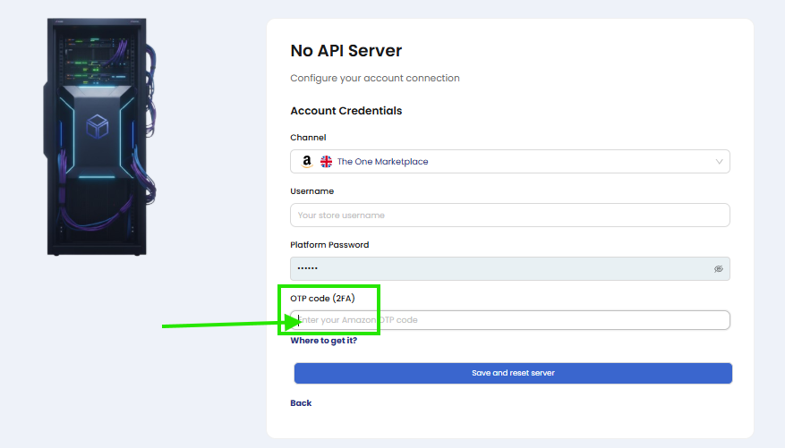 No API Server formundaki Amazon OTP 2FA alanı