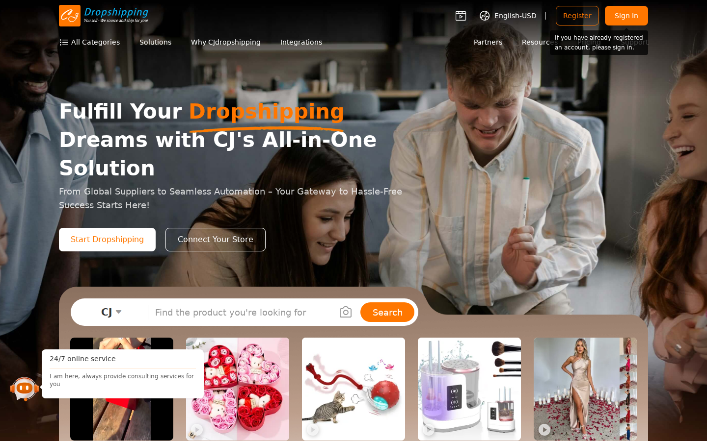 CJ Dropshipping ana sayfa: navigasyon ve arama