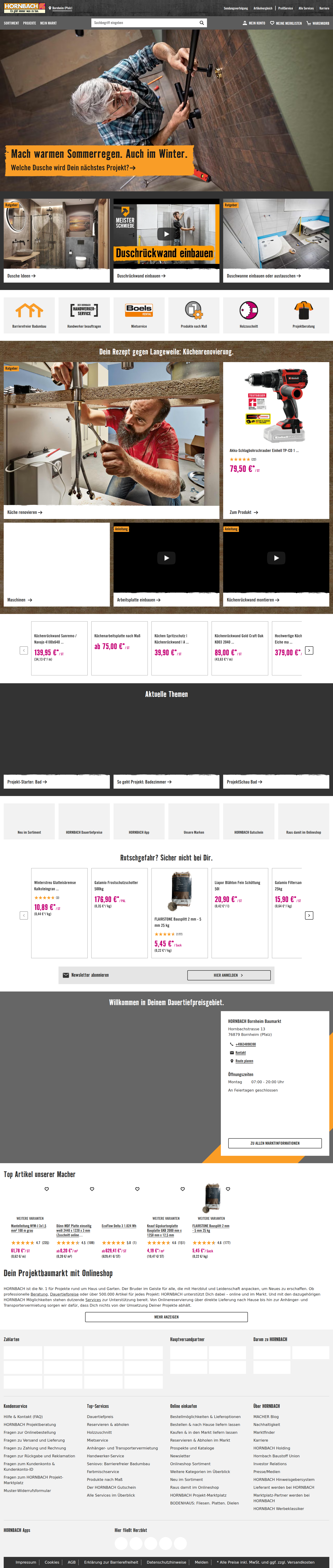Hornbach ana sayfası: navigasyon ve öne çıkan kategoriler